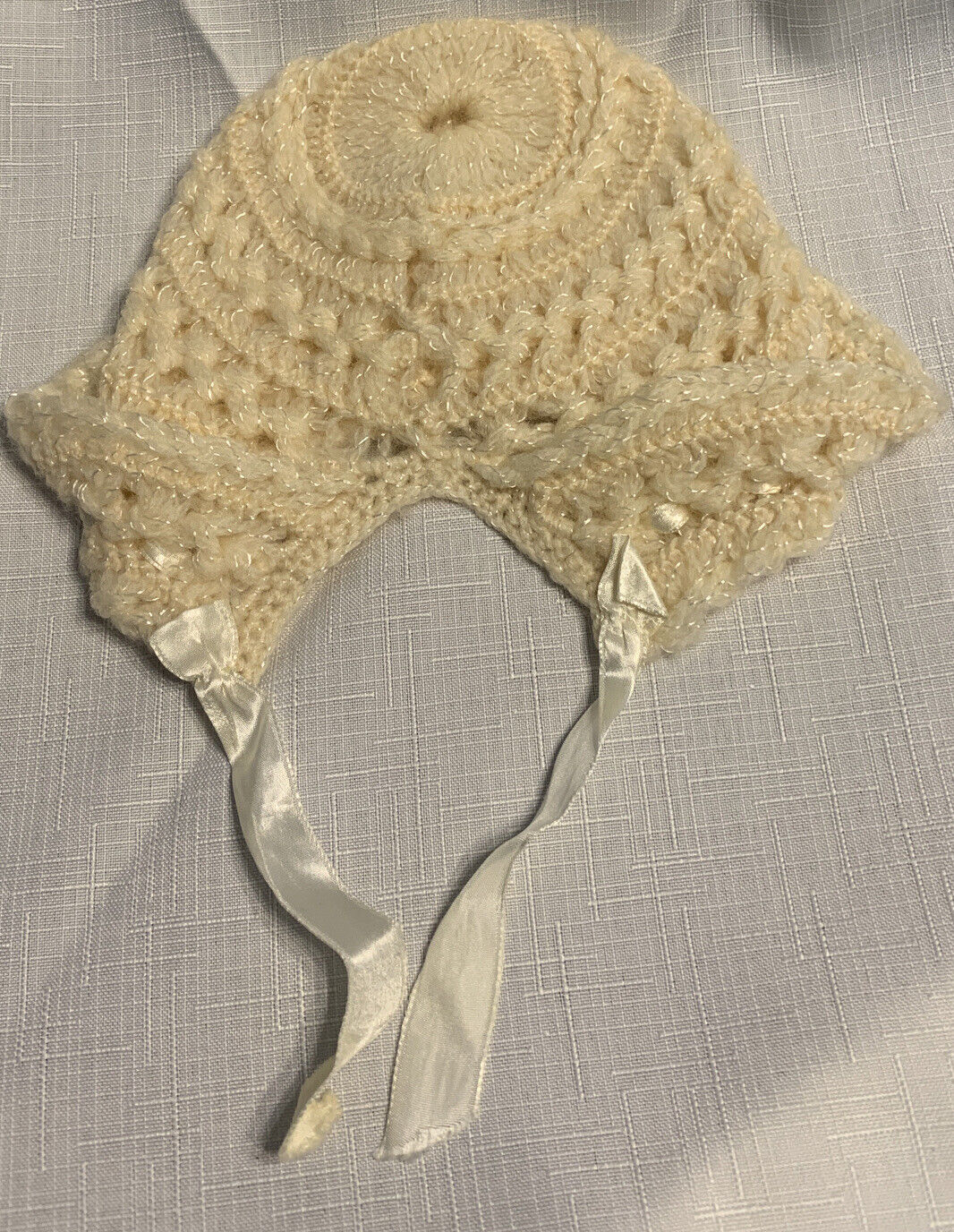 Vintage Hand Crochet Baby/doll Bonnet With Silk Ribbon Cream Color