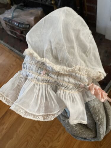 Antique Ruffled Baby Bonnet W/ Lace & Pink Ribbons Ribbon Work Fancy! As Found