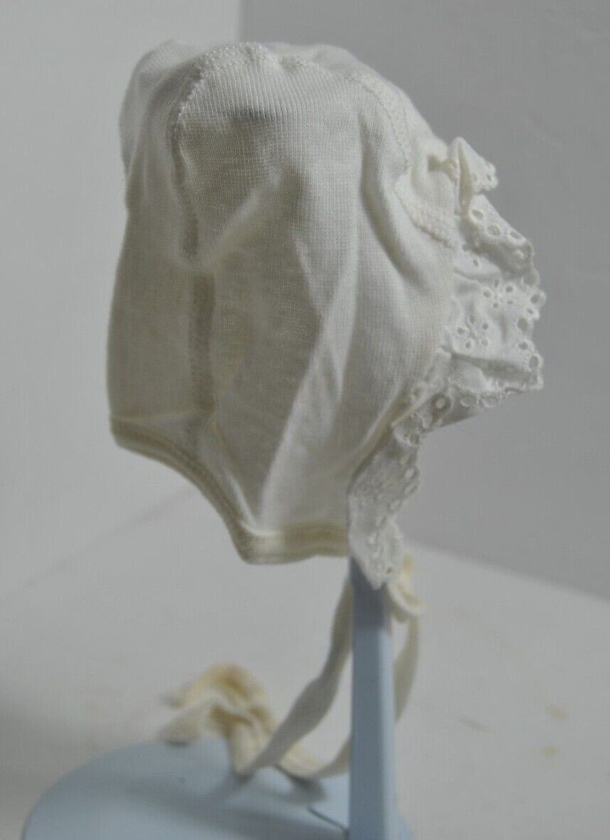 Vintage White Cotton Bonnet Cap Newborn Baby Or Doll 5 Inches X 6 Inches