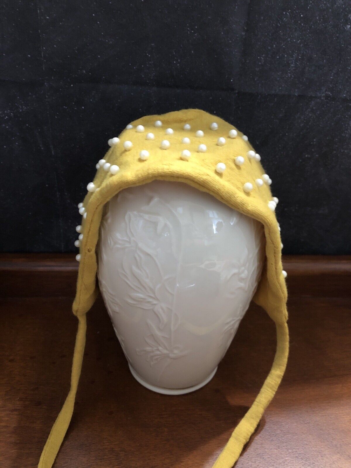 Vintage Golden Color Wool Handmade Baby Bonnet With Ties And Pearl Embellishment