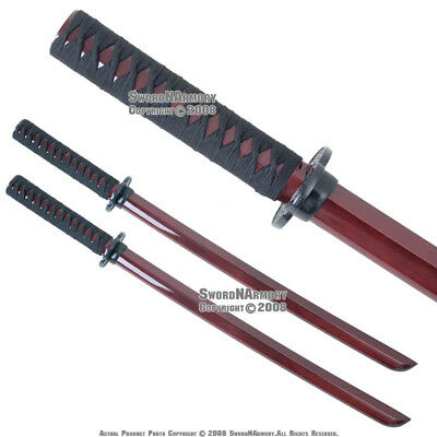 2 Pcs Red Kendo Wooden Bokken Samurai Practice Katana Sword Set