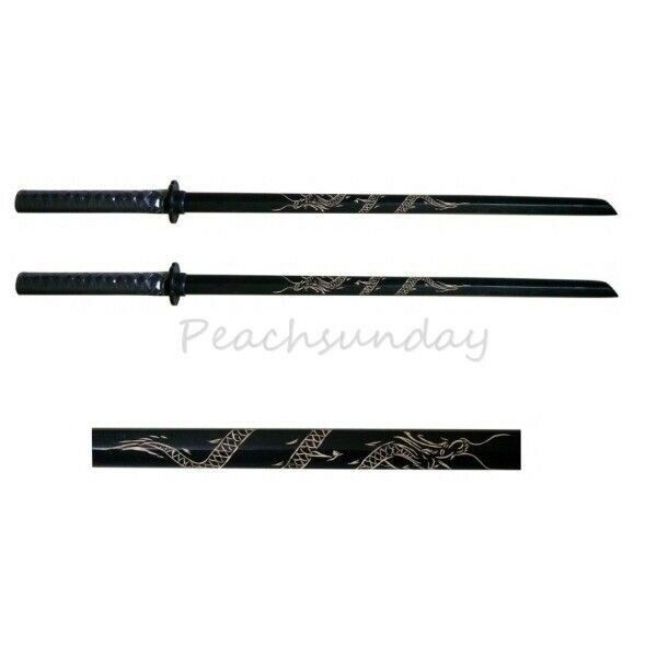 Set Of 2 32'' Black Bokken Daito Wooden Practice Training Sword, Carved Dragon