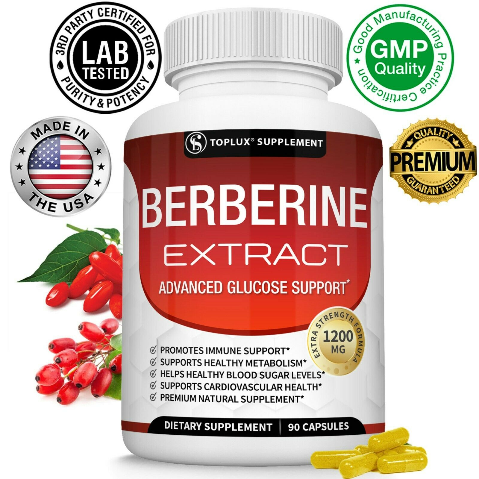 Berberine Hcl 1200 Mg Premium 90 Capsules- (non-gmo, Gluten Free Vegetarian)